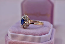 Load image into Gallery viewer, 14K Yellow Gold Vintage Sapphire &amp; Diamond Oval Double Halo Ring
