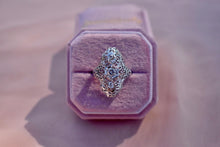 Load image into Gallery viewer, Vintage Art Deco 19K White Gold Filigree Diamond Navette Style Ring
