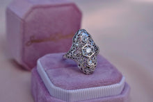 Load image into Gallery viewer, Vintage Art Deco 19K White Gold Filigree Diamond Navette Style Ring
