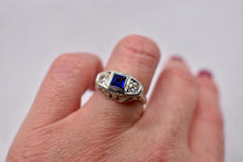 Load image into Gallery viewer, 18K White Gold Vintage Art Deco Sapphire &amp; Diamond Three Stone High Set Ring
