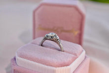Load image into Gallery viewer, 18K White Gold Art Deco Transitional Cut Diamond Three Stone Filigree Belais Engagement Ring

