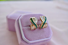 Load image into Gallery viewer, Vintage 14K Yellow Gold Channel Set Emerald &amp; Diamond Criss Cross Omega Earrings
