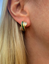 Load image into Gallery viewer, Vintage 14K Yellow Gold Channel Set Emerald &amp; Diamond Criss Cross Omega Earrings
