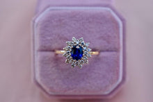 Load image into Gallery viewer, 14K Yellow Gold Vintage Sapphire &amp; Diamond Oval Double Halo Ring
