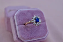 Load image into Gallery viewer, 14K Yellow Gold Vintage Sapphire &amp; Diamond Oval Double Halo Ring
