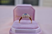 Load image into Gallery viewer, 14K Yellow Gold Vintage Sapphire &amp; Diamond Oval Double Halo Ring

