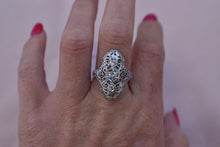 Load image into Gallery viewer, Vintage Art Deco 19K White Gold Filigree Diamond Navette Style Ring
