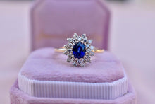 Load image into Gallery viewer, 14K Yellow Gold Vintage Sapphire &amp; Diamond Oval Double Halo Ring
