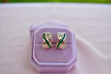 Load image into Gallery viewer, Vintage 14K Yellow Gold Channel Set Emerald &amp; Diamond Criss Cross Omega Earrings
