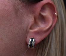 Load image into Gallery viewer, Vintage 18K Yellow Gold Natural Sapphire &amp; Diamond Channel Set Three Row Huggie Hoop Earrings
