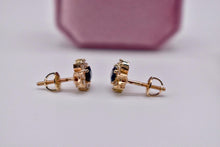 Load image into Gallery viewer, Vintage 14K Yellow Gold Oval Natural Sapphire &amp; Diamond Screw Back Halo Earrings
