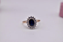 Load image into Gallery viewer, 14K Yellow Gold Vintage Natural Sapphire &amp; Diamond Oval Halo Ring
