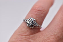 Load image into Gallery viewer, Vintage 18K White Gold Art Deco Square Shape Dainty Diamond Filagree Ring
