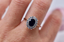 Load image into Gallery viewer, 14K Yellow Gold Vintage Natural Sapphire &amp; Diamond Oval Halo Ring
