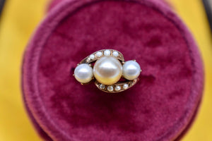 Victorian 10K Rose Gold Three Stone Tinted Gold Pearl and White Pearl Ring