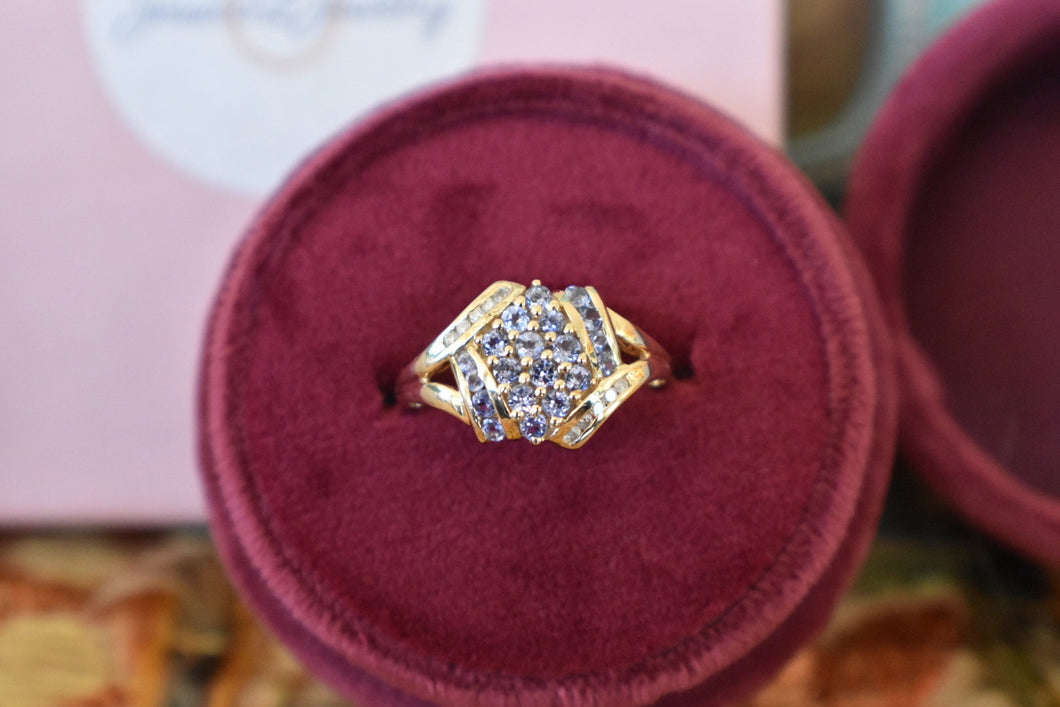 14K Yellow Gold Vintage Cluster Tanzanite & Diamond Ring