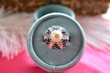Load image into Gallery viewer, Vintage 14K White Gold Pearl, Diamond and Sapphire Cocktail Ring
