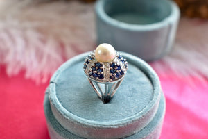 Vintage 14K White Gold Pearl, Diamond and Sapphire Cocktail Ring