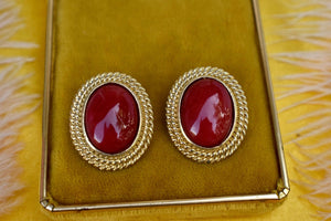 Vintage Costume Clip On Oval Red Coral Earrings