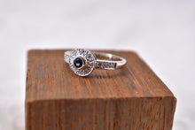 Load image into Gallery viewer, Vintage Inspired 14K White Gold Diamond &amp; Sapphire Engagement Ring
