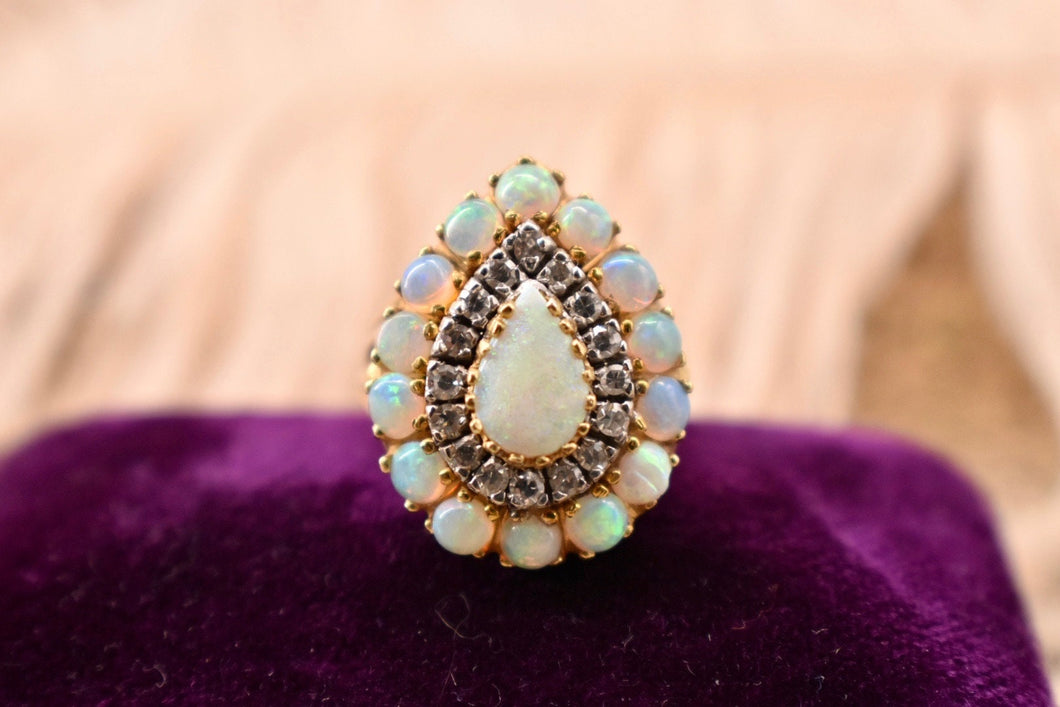 Vintage 18K Yellow Gold Opal and Diamond Pear Shaped Ring
