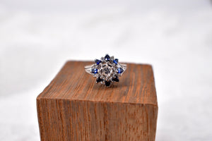 14K White Gold Vintage Sapphire & Diamond Cocktail Ring