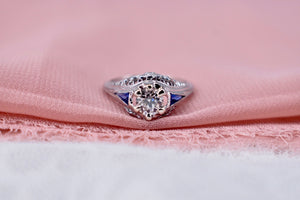 14K White Gold Vintage Art Deco Sapphire Accented Diamond Engagement Ring
