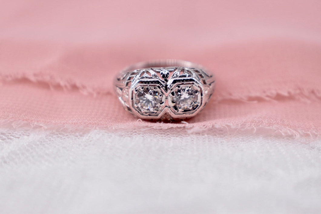 Antique Art Deco Platinum Two Stone Filigree Diamond Engagement Ring