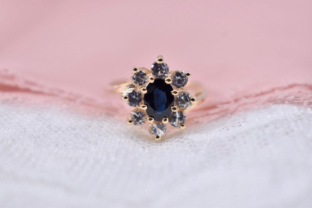 14K Yellow Gold Vintage Blue and White Sapphire Halo Ring