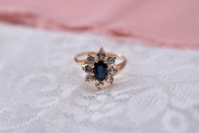 Load image into Gallery viewer, 14K Yellow Gold Vintage Blue and White Sapphire Halo Ring
