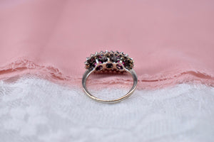 Vintage 14K White Gold Diamond and Ruby Unique Three Stone Halo Ring
