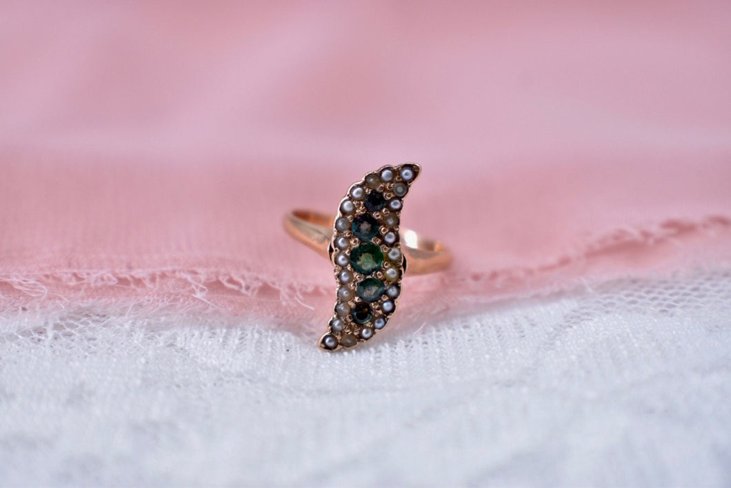 Victorian 14K Rose Gold Navette Seed Pearl and Imitation Emerald Ring