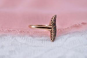 Victorian 14K Rose Gold Navette Seed Pearl and Imitation Emerald Ring