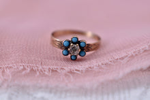 Load image into Gallery viewer, Victorian 14K Rose Gold Halo Turquoise and Mine Cut Diamond Ring
