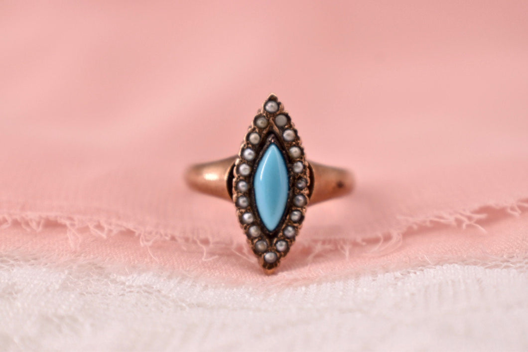 Victorian 14K Rose Gold Nanette Turquoise and Grey Pearl Ring
