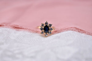 14K Yellow Gold Vintage Blue and White Sapphire Halo Ring