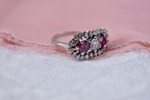 Load image into Gallery viewer, Vintage 14K White Gold Diamond and Ruby Unique Three Stone Halo Ring
