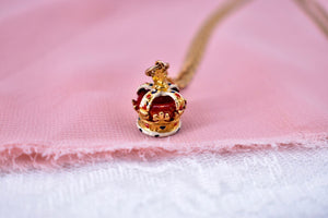 Victorian 9K/14K Yellow Gold Enamel 3D Royal Crown Charm Necklace