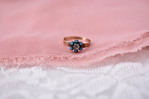 Victorian 14K Rose Gold Halo Turquoise and Mine Cut Diamond Ring