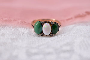 Victorian 14K Rose Gold Jade, Opal, and Diamond  Ring