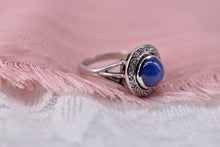 Load image into Gallery viewer, Vintage 14K White Gold Sapphire Cat Eye and Diamond Halo Style Ring

