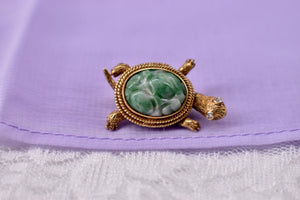 Vintage 14K Yellow Gold Jade and Diamond Turtle Pin/Brooch