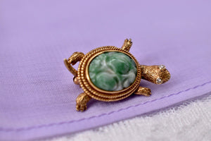 Vintage 14K Yellow Gold Jade and Diamond Turtle Pin/Brooch