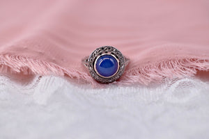 Vintage 14K White Gold Sapphire Cat Eye and Diamond Halo Style Ring