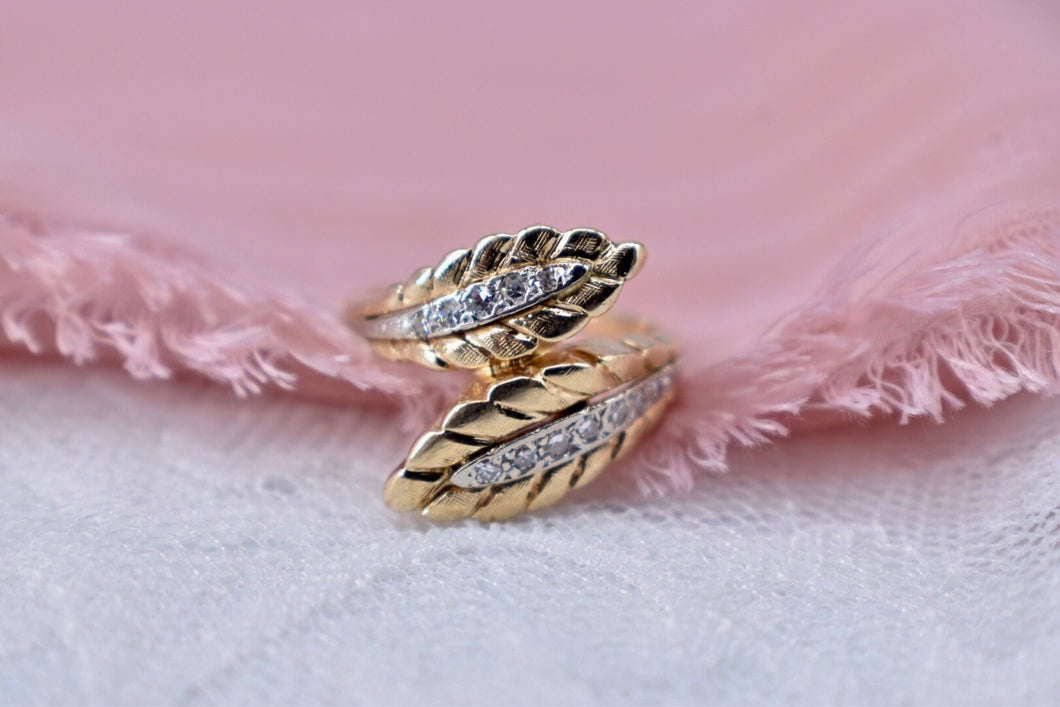 Vintage 14K Yellow Gold Diamond Double Feather Bypass Ring