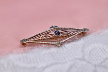 Load image into Gallery viewer, Vintage Art Deco 14K Two Toned Blue Sapphire Filigree Brooch/Pin
