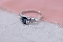 Load image into Gallery viewer, Vintage 18K White Gold Unique Oval Cut Sapphire and Diamond Ring
