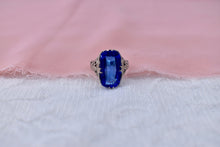 Load image into Gallery viewer, Vintage 10K White Gold Synthetic Sapphire Floral Ring
