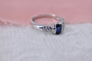 Vintage 18K White Gold Unique Oval Cut Sapphire and Diamond Ring