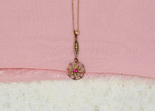 Load image into Gallery viewer, 10K Rose Gold Victorian Seed Pearl and Ruby Lavalier Floral Necklace
